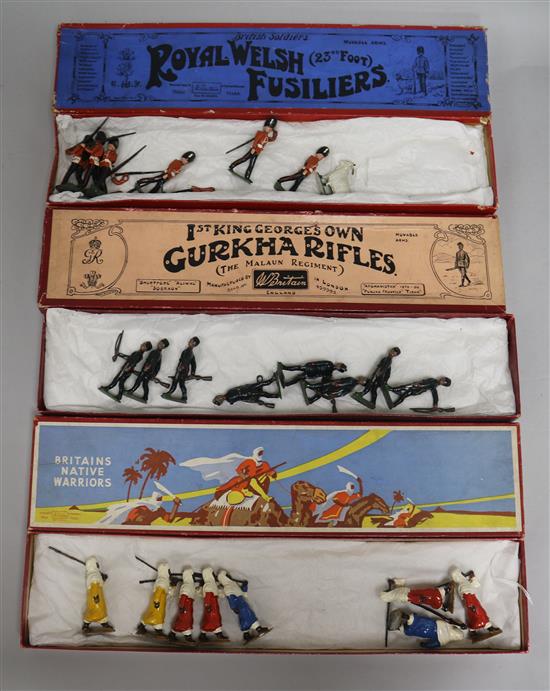 Three boxes of Britains lead model sets - Native warriors, Royal Welsh fusiliers and Gurkha rifles